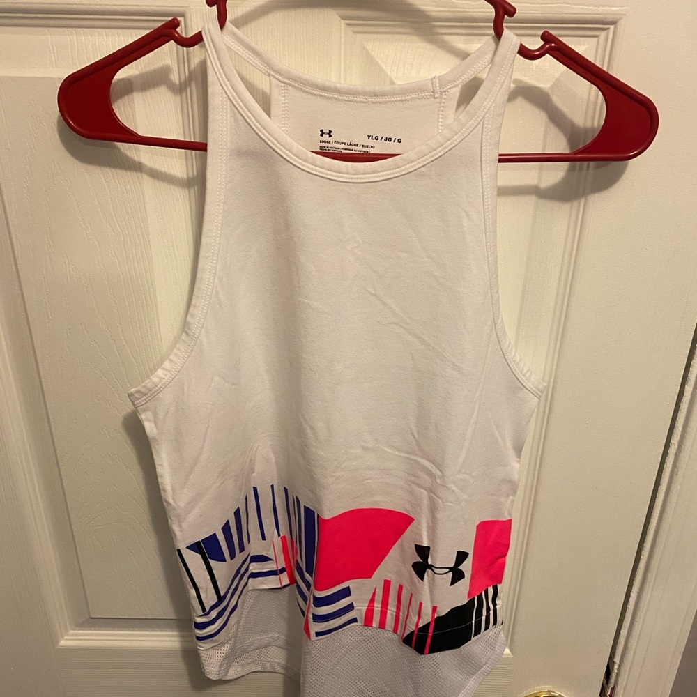 Women’s size XS/Ylg Under Armor tank top workout athletic mesh white purple pink